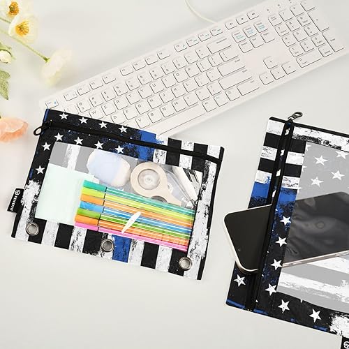 Miniatura 3 de Fisyme Blue Line - Estuche para lápices de la bandera estadounidense de policía para carpetas de 3 anillas, estuche para lápices con cremallera con