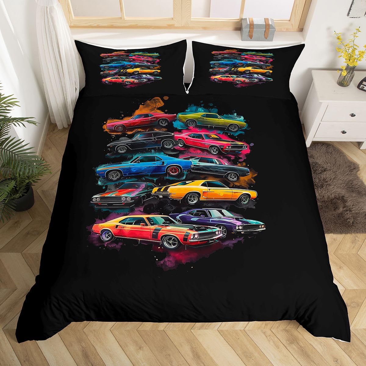 Housse de couette race car noir vintage 120x150 cm pour lit enfant avec taie