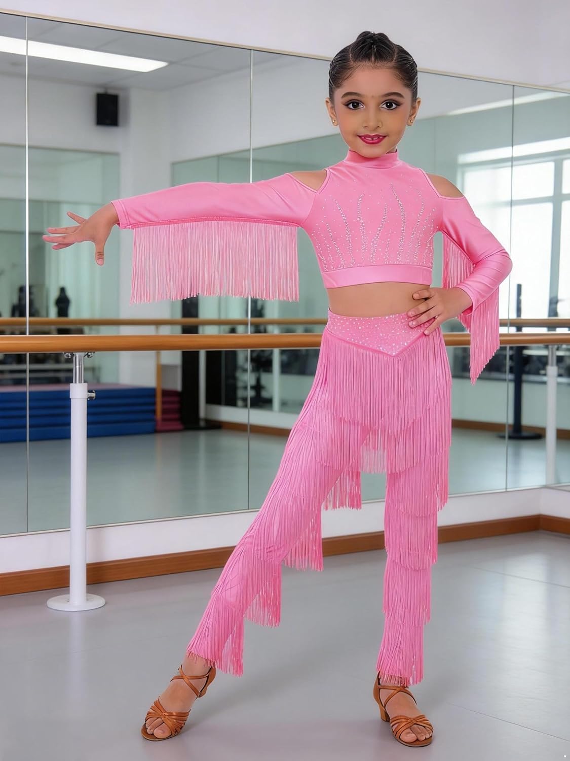 Shinsto Kids Girls 2 Piece Latin Ballroom Dance Outfits Tassel Crop Tops with Fringe Pants Set Dancewear Pink 8 Years