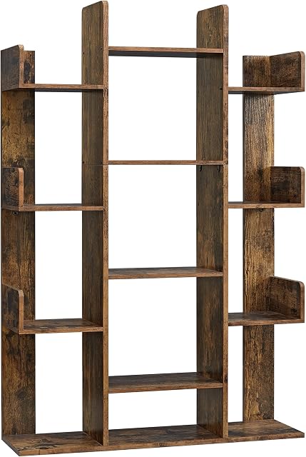 VASAGLE Bookshelf, Tree-Shaped Bookcase with 13 Storage Shelves, 33.9”L x 9.8”W x 55.1”H, Rustic Brown ULBC67BXV1
