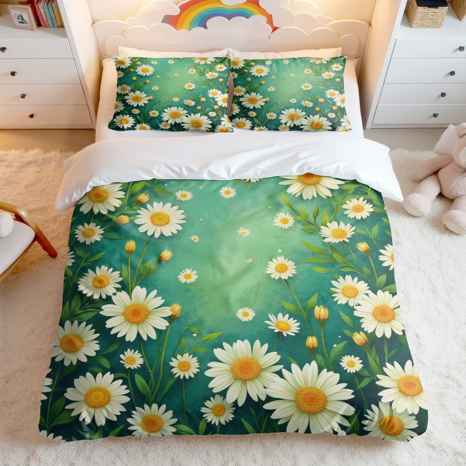 Housse de couette imprimée marguerites King avec 2 taies d'oreiller 50x75