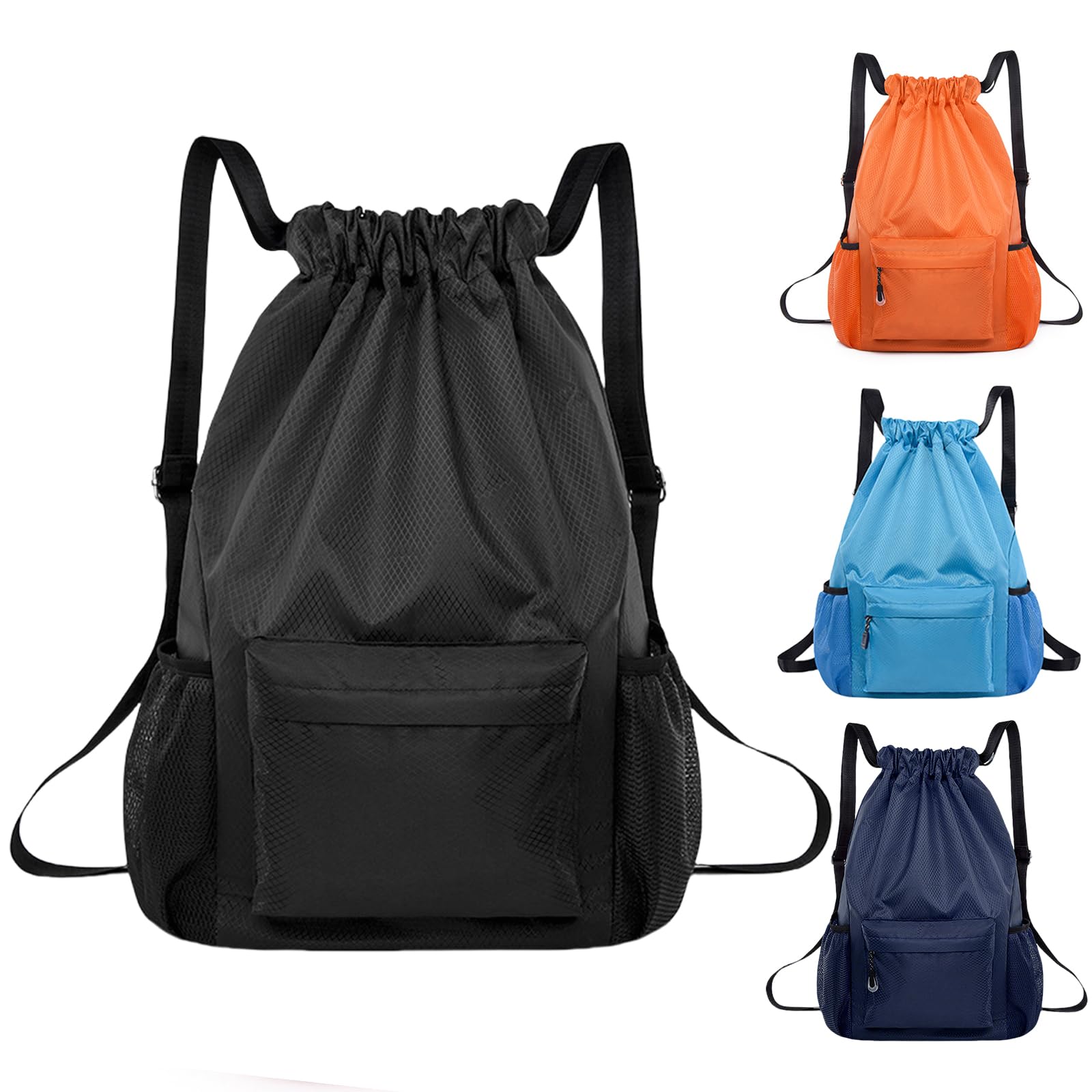 BAOWUABJ Drawstring Bags, String Backpack, Large Waterproof Sports Backpack for Kids Adults, Unisex, Swim PE Bags Drawstring Gym Bags Sports Backpacks Swimming Bags for School Travel Workout (Black)