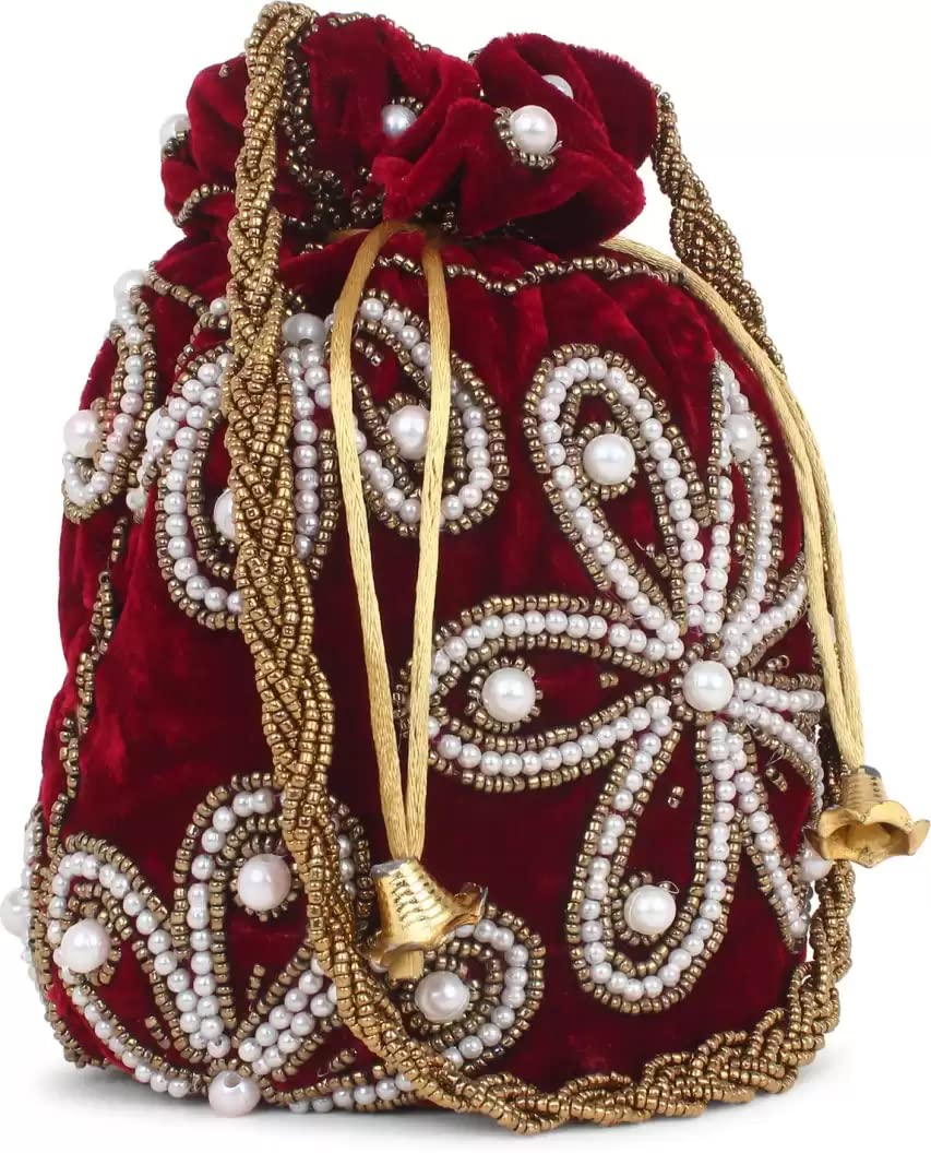 NEHD Womens Fashion Handmade Handbag Wristlets Ethnic Bridal Potli Batwa Bag Womens Velvet Clutch Multicolor Pack of 1Pcs (Maroon) (B0BCDHCZDT) Amazon Price History, Amazon Price Tracker