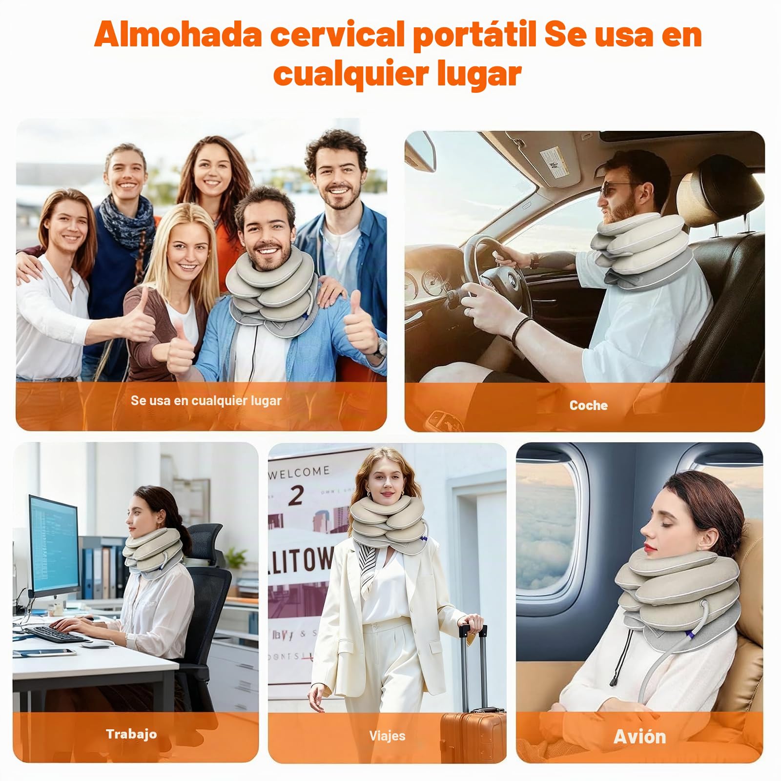 Collarín Cervical Inflable, Dispositivo de Tracción Cervical Ajustable con Sistema de Soporte de Mentón 3+1, Collar Ortopédico para Dolor Cervical y Almohada Cervical de Descompresión
