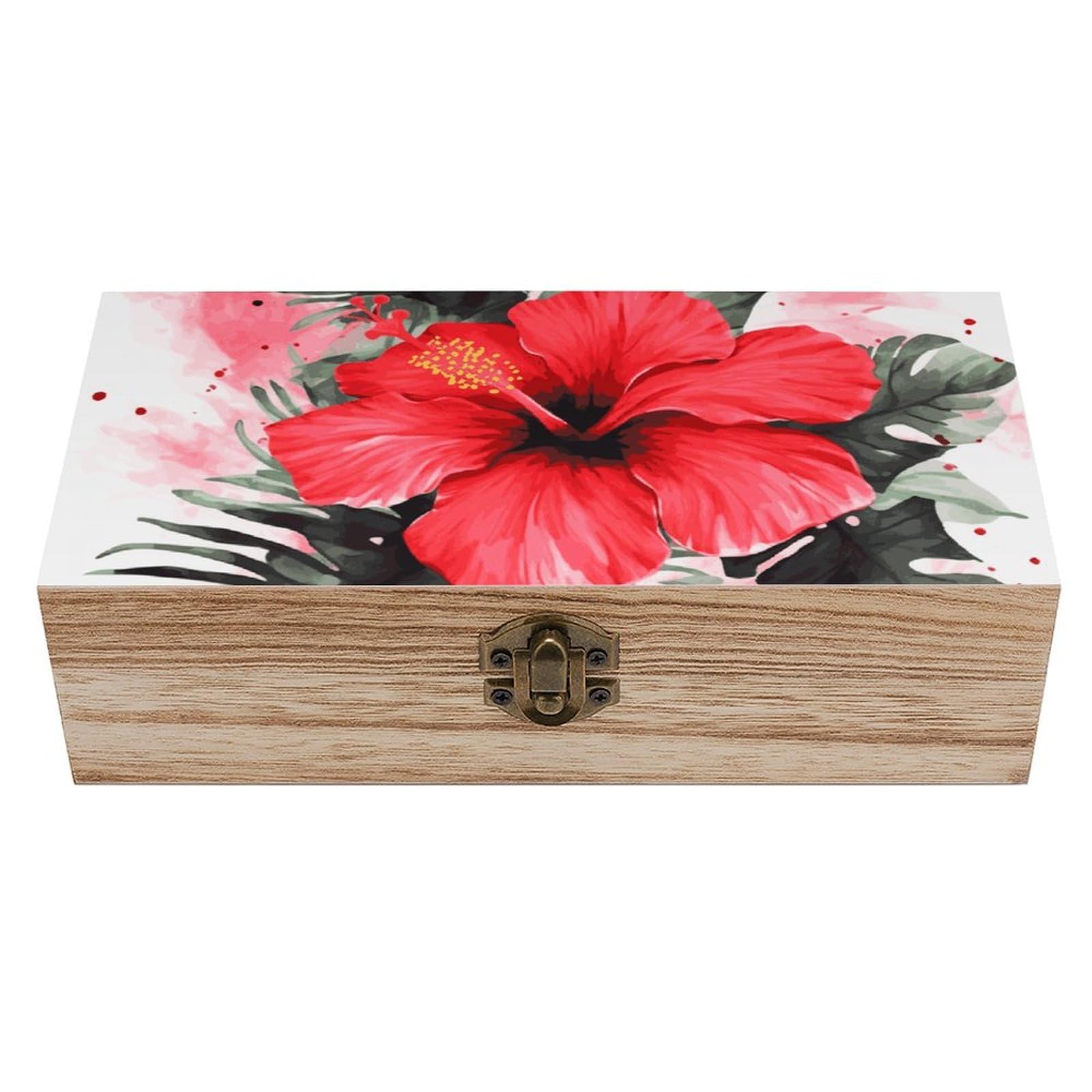 Red Hibiscus Wooden Storage Box Exquisite Durable Wood Gift Case Sturdy Vintage Jewelry Wooden Chest for Art Hobbies Storage Keepsake Gift