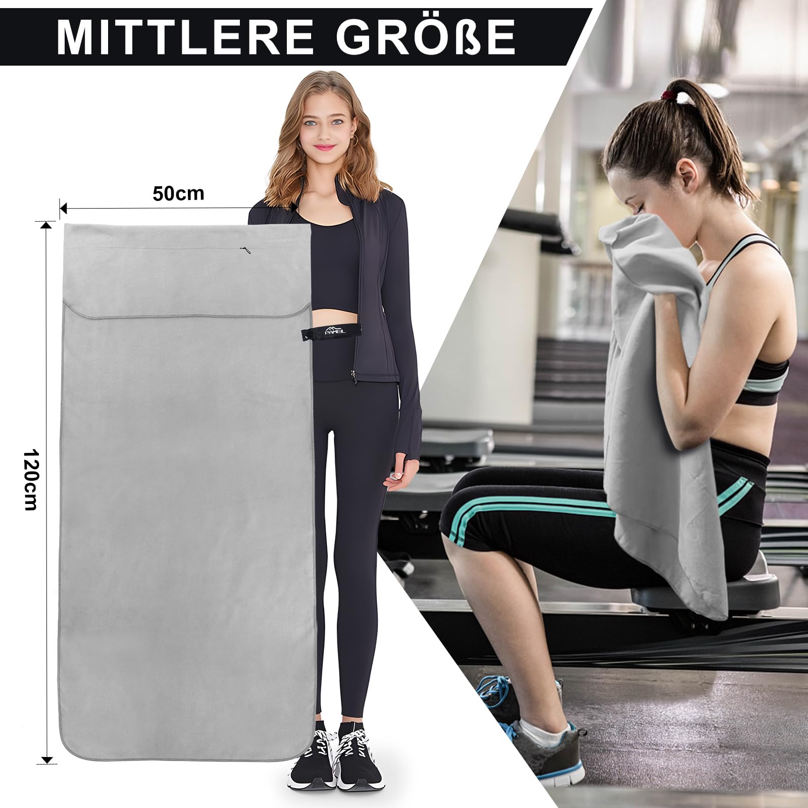Pameil Asciugamano Palestra | 120x50cm Asciugamano Microfibra Con Tasca Con Cerniera | Asciugatura Rapida, Leggero, Assorbente Asciugamani Mare Microfibra e Asciugamani Palestra Fitness