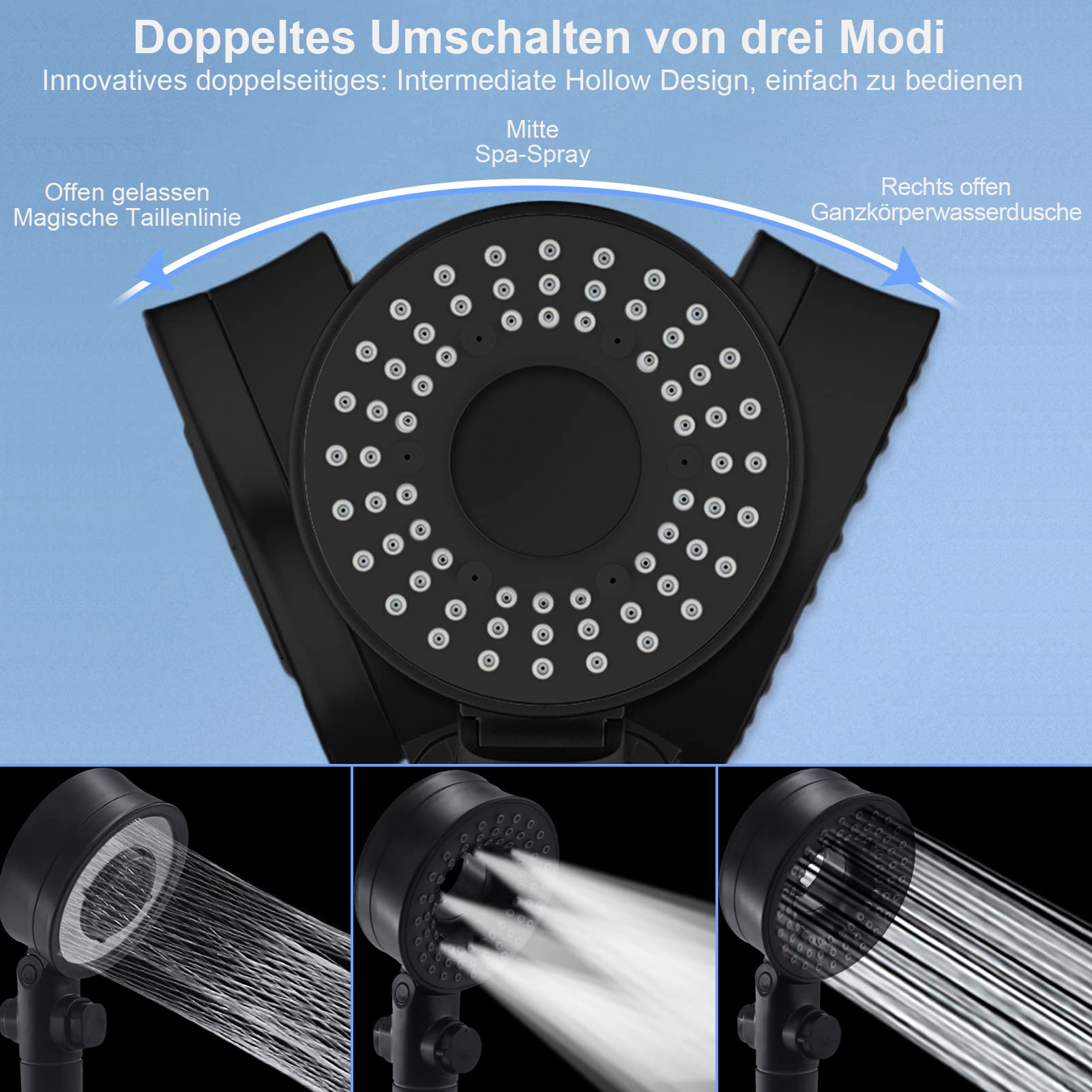 Yeelan 3-in-1 Wassersparender Duschkopf Mit Filter – 3 Strahlarten (Regen, Massage, Jet) – Druckerhöhend, 1,5m Schlauch – Schwarz