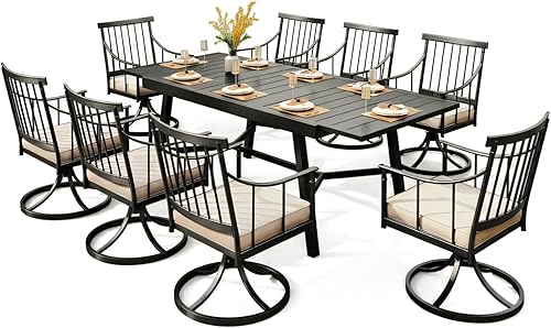 Miniatura 14 de PHI VILLA Juego de comedor al aire libre de 7 piezas con cojín, mesa de comedor rectangular de metal de 60 pulgadas con agujero para sombrilla y 6