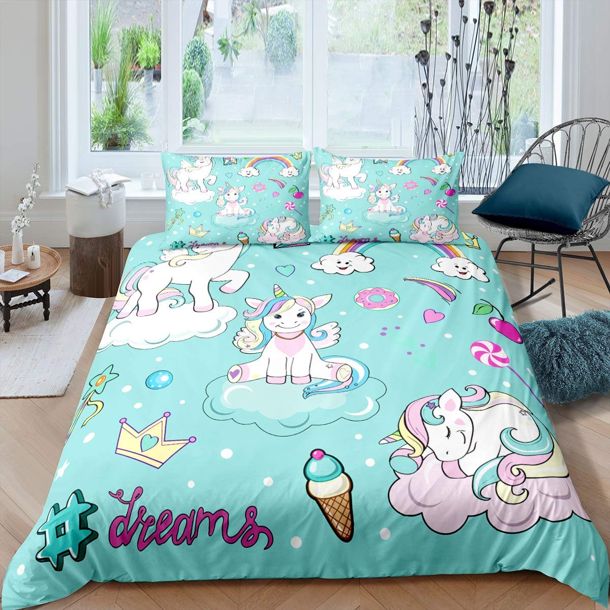 Girls Unicorn Bedding Set for Kids Boys Magical Animal Decor Comforter Cover Fairy Cartoon Rainbow Donuts Duvet Cover Teal Room Decor Fantasy Dreamy Horse Bedding & Linen Super King Bedding — image 1