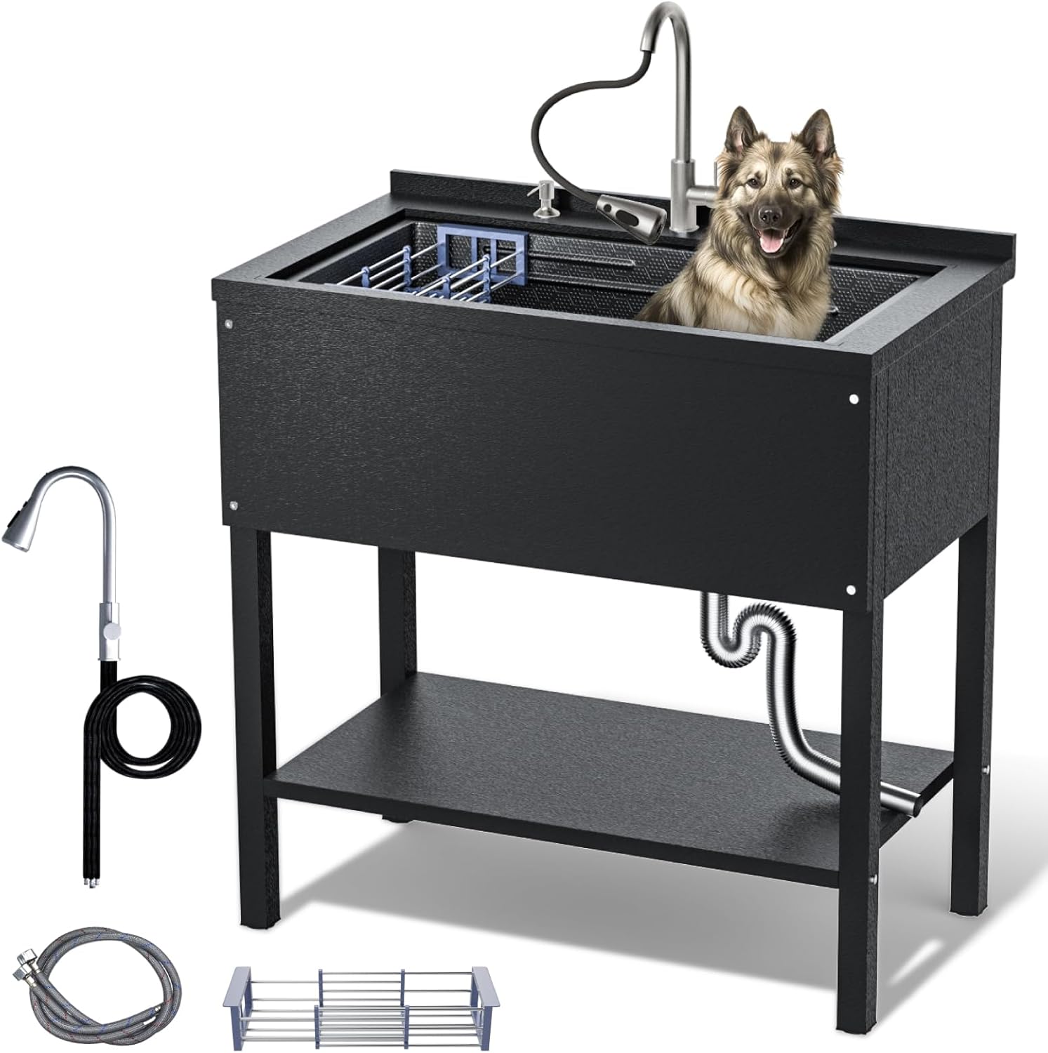 36" Stainless Steel Utility Sink,FreeStanding Laundry&Utility Room Sinks with Cold and Hot Water Faucet,Commercial Single Bowl Kitchens Sink for Garage, Laundry Room (Black, 36x52x20)