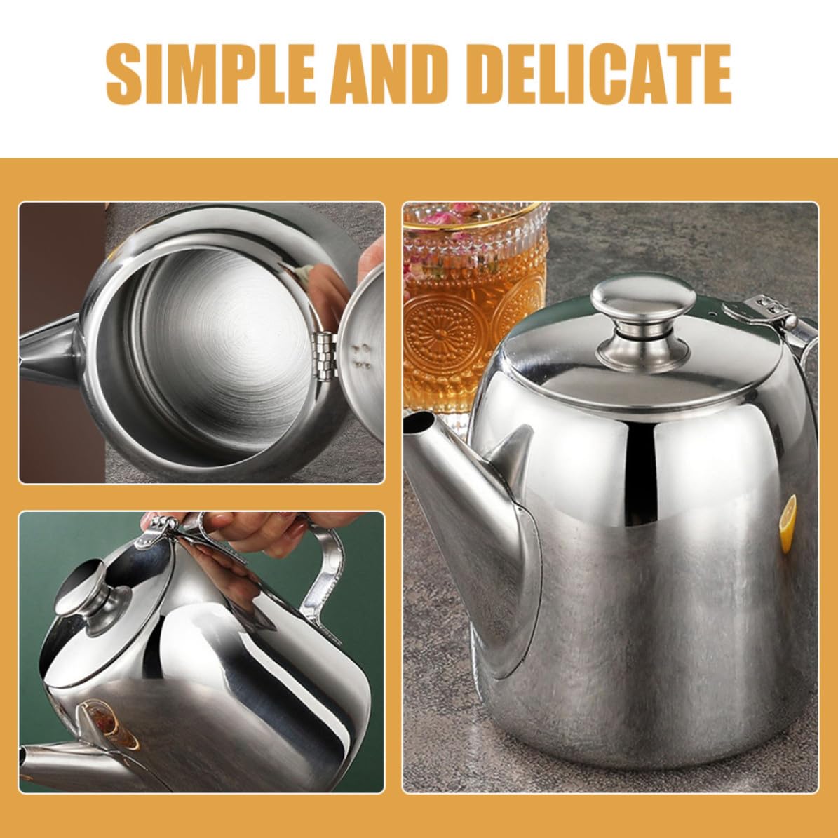 INOOMP Tetera Diseño Clásico de Acero Inoxidable para Cocina Capacidad de 1800ml y Asa Resistente, Adecuado Hogar y Suministros Salón de Té