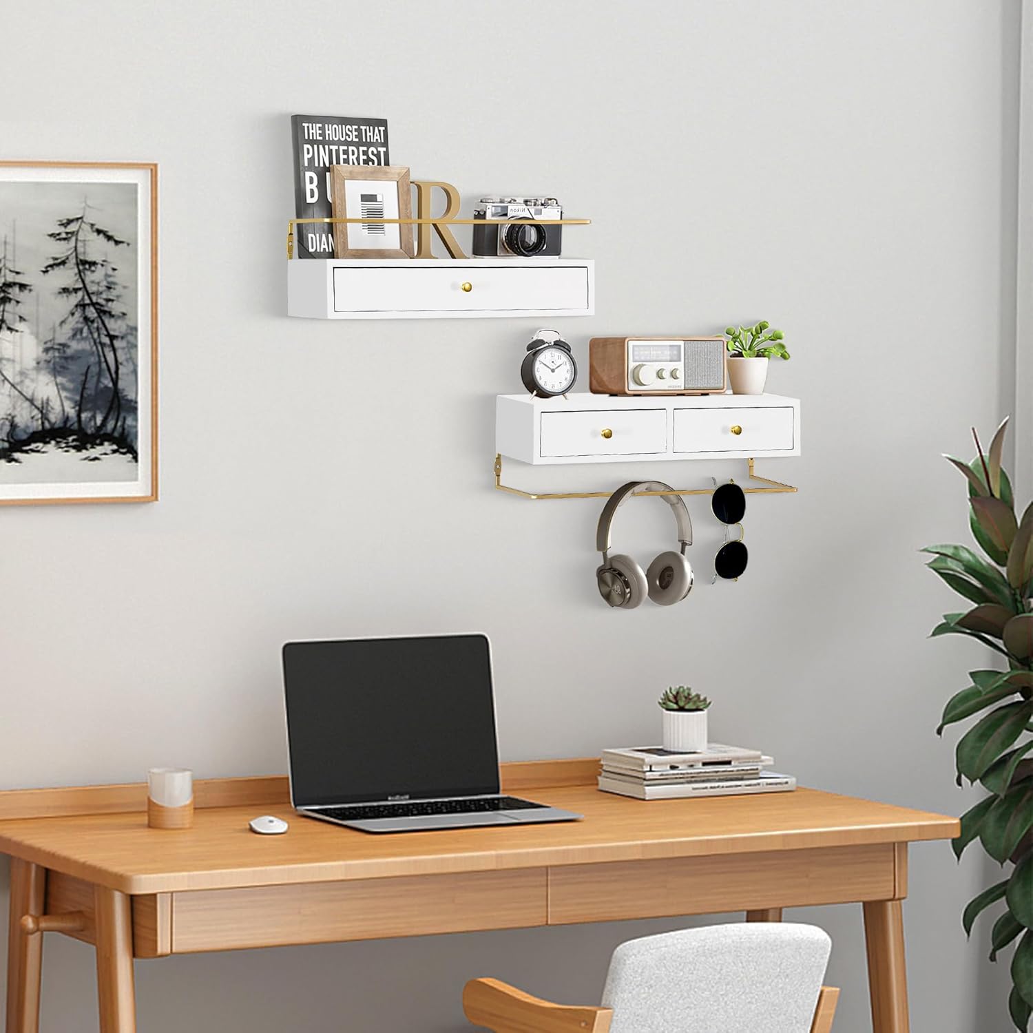 Dreampossible Floating Shelves With Drawers Set of 2, Wall Mounted Bathroom Storage, Rustic Wood Shelves for Bedroom, Living Room, Kitchen, Home Decor, Plants, Books (White)