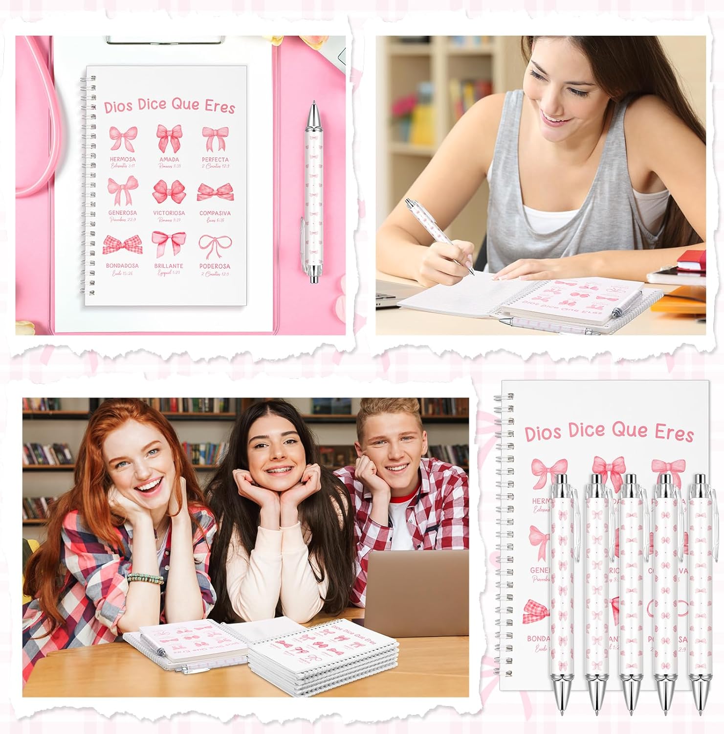 Resurhang 20 Set Christ Bow Spiral Notebook for Women, Dios Dice Que Eres Christian Journal Set with Pens, Pink Bow Spiral Lined Notebooks 5.5 x 8.3 in, Bible Study Party Favors