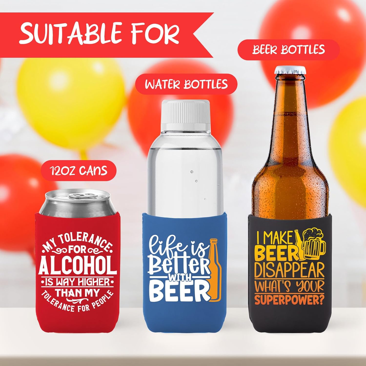 Funny Beer Can Cooler Sleeve, 12 Pcs Bulk Multicolor Quotes Insulated Neoprene Coolers Sleeves, Collapsible Drink Holder for Soda Cans and Water Bottles Travel Camping Birthday Party Supplies - Image 5