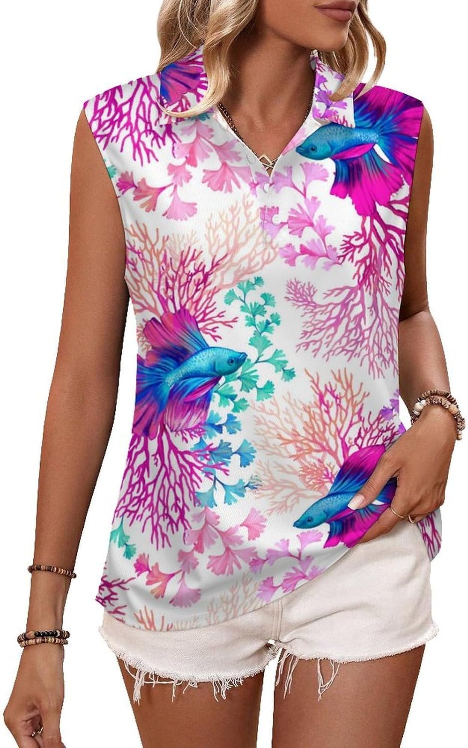 Watercolor Sea Rainbow Fish Swimming in Coral Reefs Women's Golf Shirt Sleeveless Polo Shirts Tank