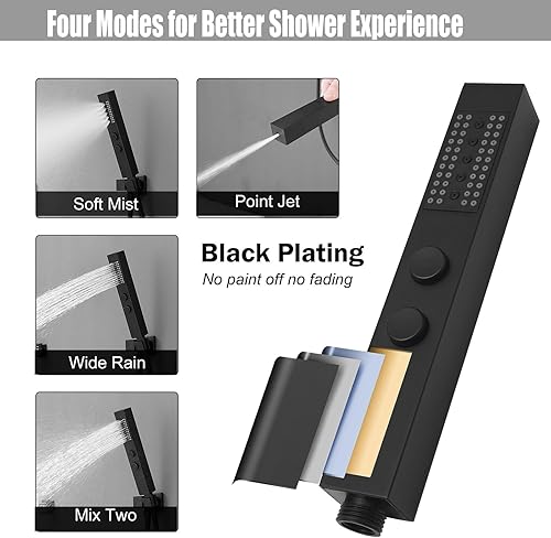 Miniatura 4 de Hoimpro Juego de grifo de bañera negro mate, grifo de bañera de latón con boquilla romana de cascada de latón con válvula, 3 agujeros de llenado de