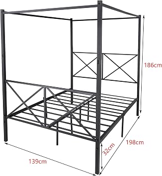 Canopy Bed Frame Double Size with Metal Headboard and Footboard Modern Style Steel Bed Platform Heavy Duty Slats Bed, Black