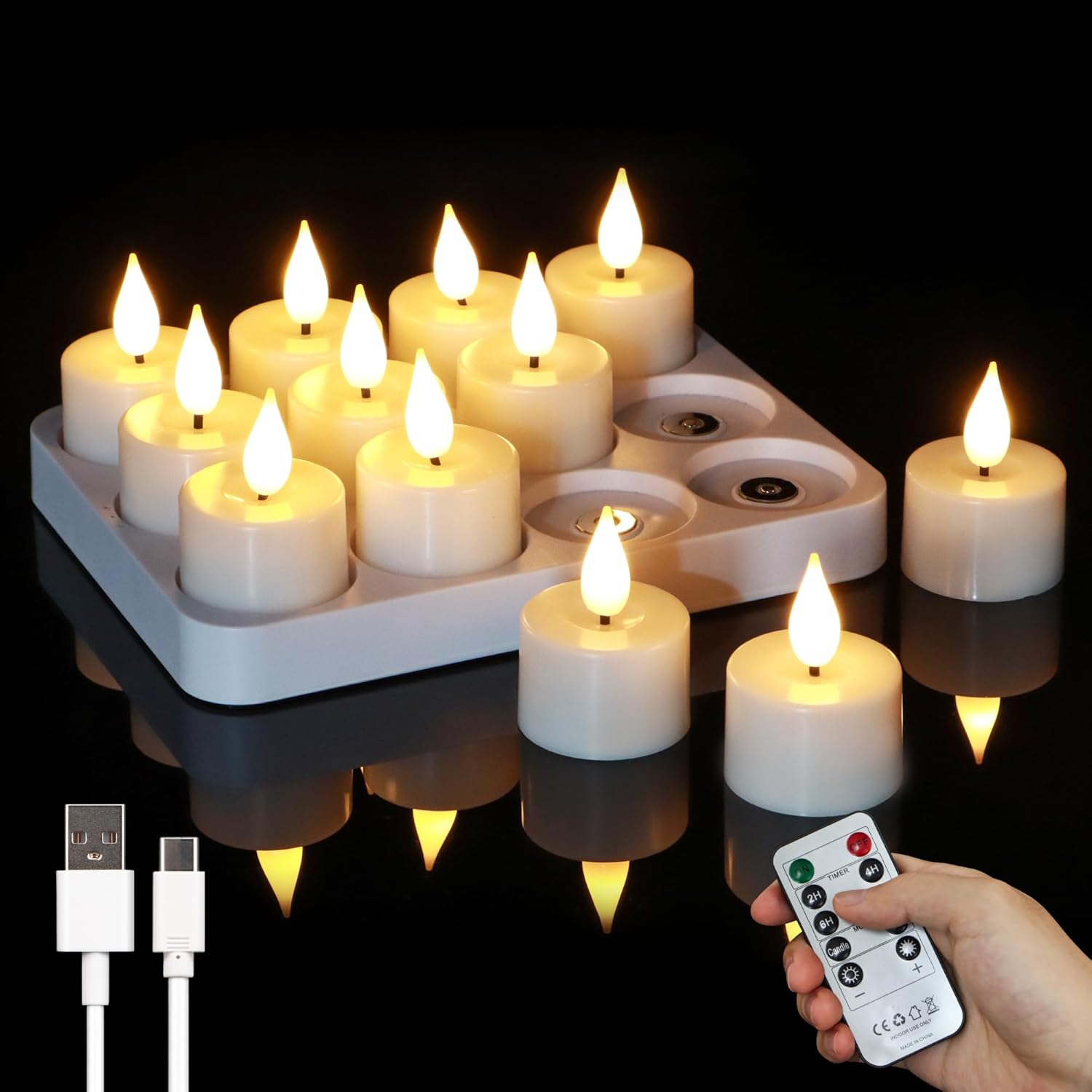 Rechargeable Flameless Tea Lights with Charging Base & Remote Timer, 12 Pack USB Rechargeable Tealights Candles Battery Operated, Flickering Realistic for Home Christmas Wedding Decor