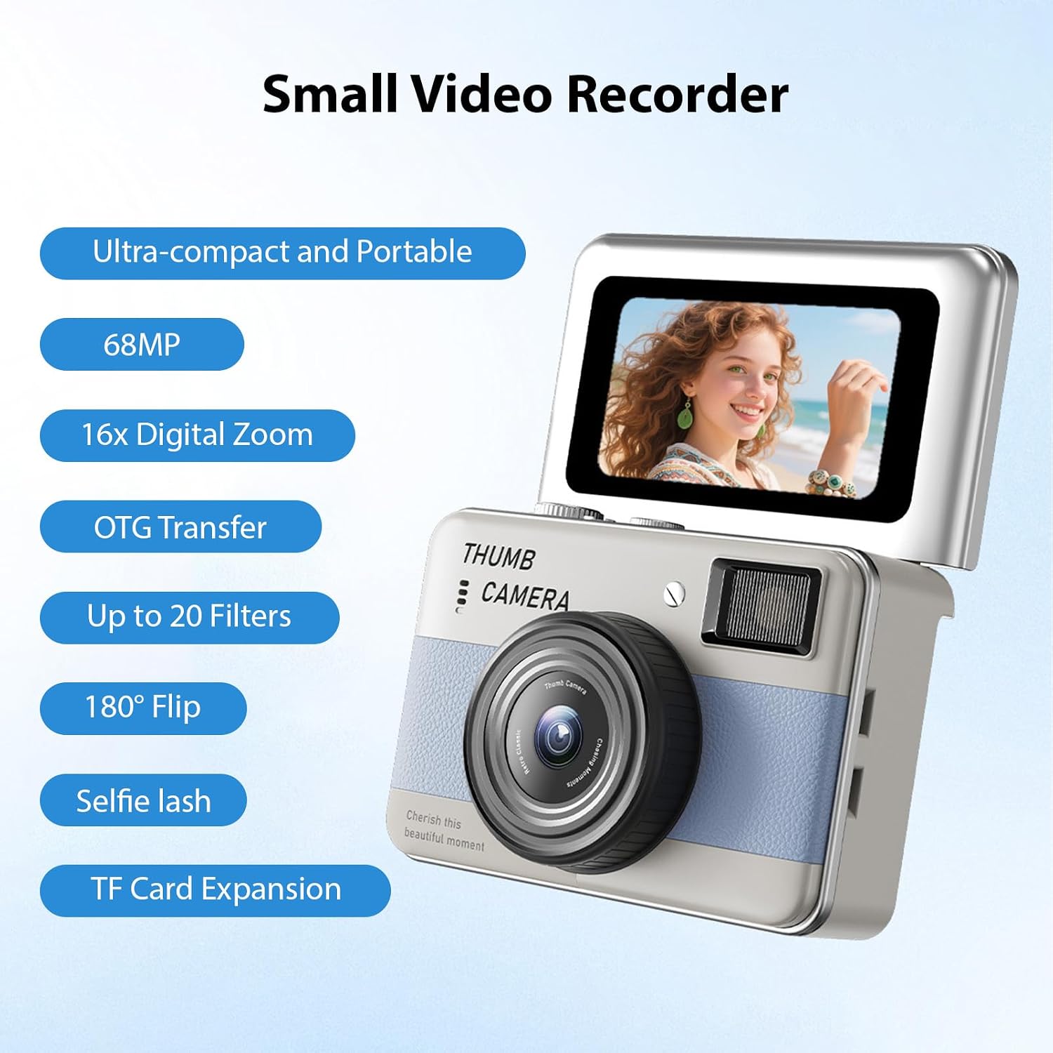 Fabater Mini Keychain Camera, 4K 68MP Mini Digital Camera with 14 Filters, 1.47 Inch Flip Screen and LED Light, 16X Zoom Portable Cameras for Travel Vlog Recording (Blue)