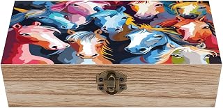 Colorful Cartoon Horses Wooden Storage Box Decorative Keepsake Boxes | Memory Storage Box Vintage Solid Storage Organizer with Lid for Important Photos, Letters, DIY Gifts and Jewels