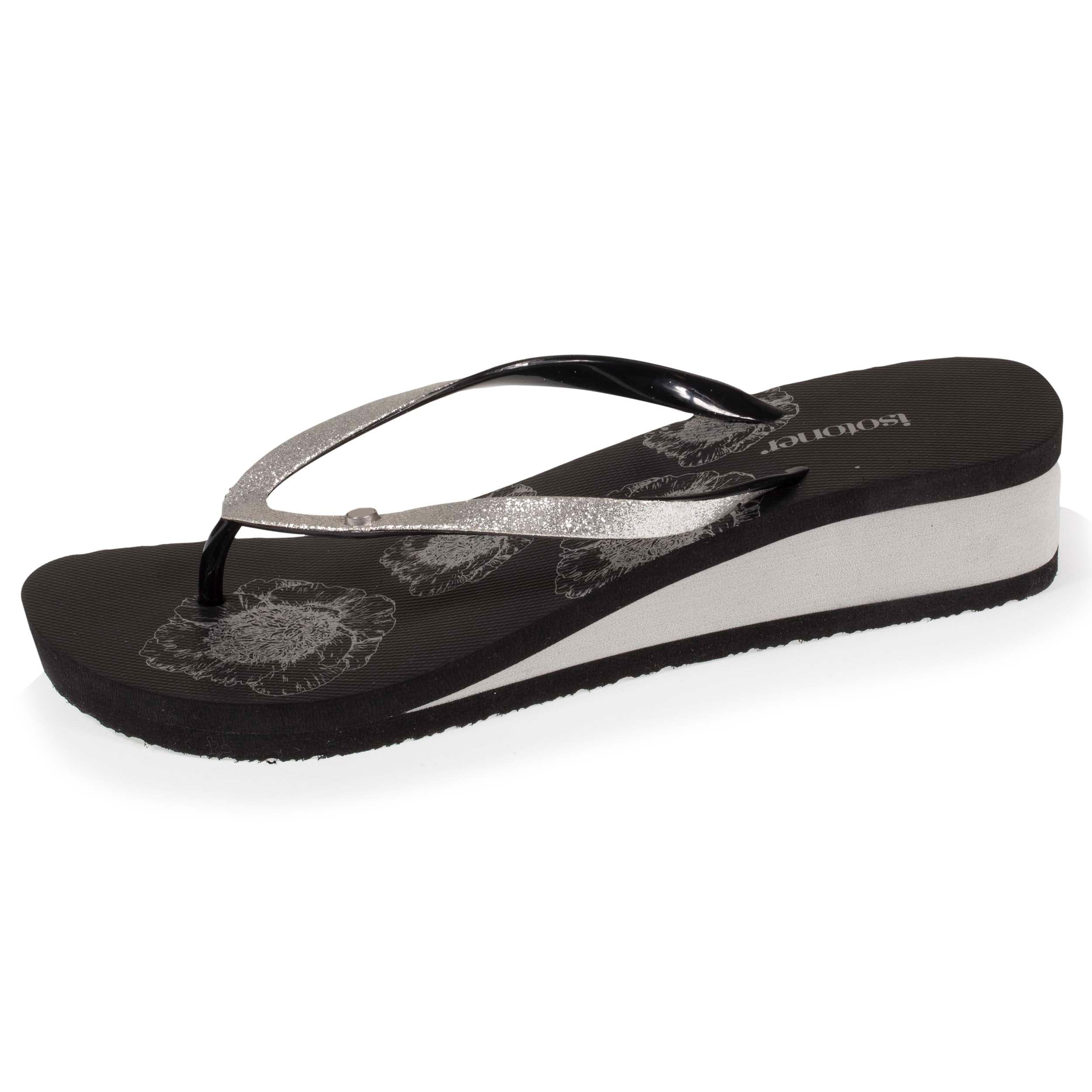Isotoner Tongs femme à talon 4 cm Tongs femme à talon 4 cm noir floral paillettes