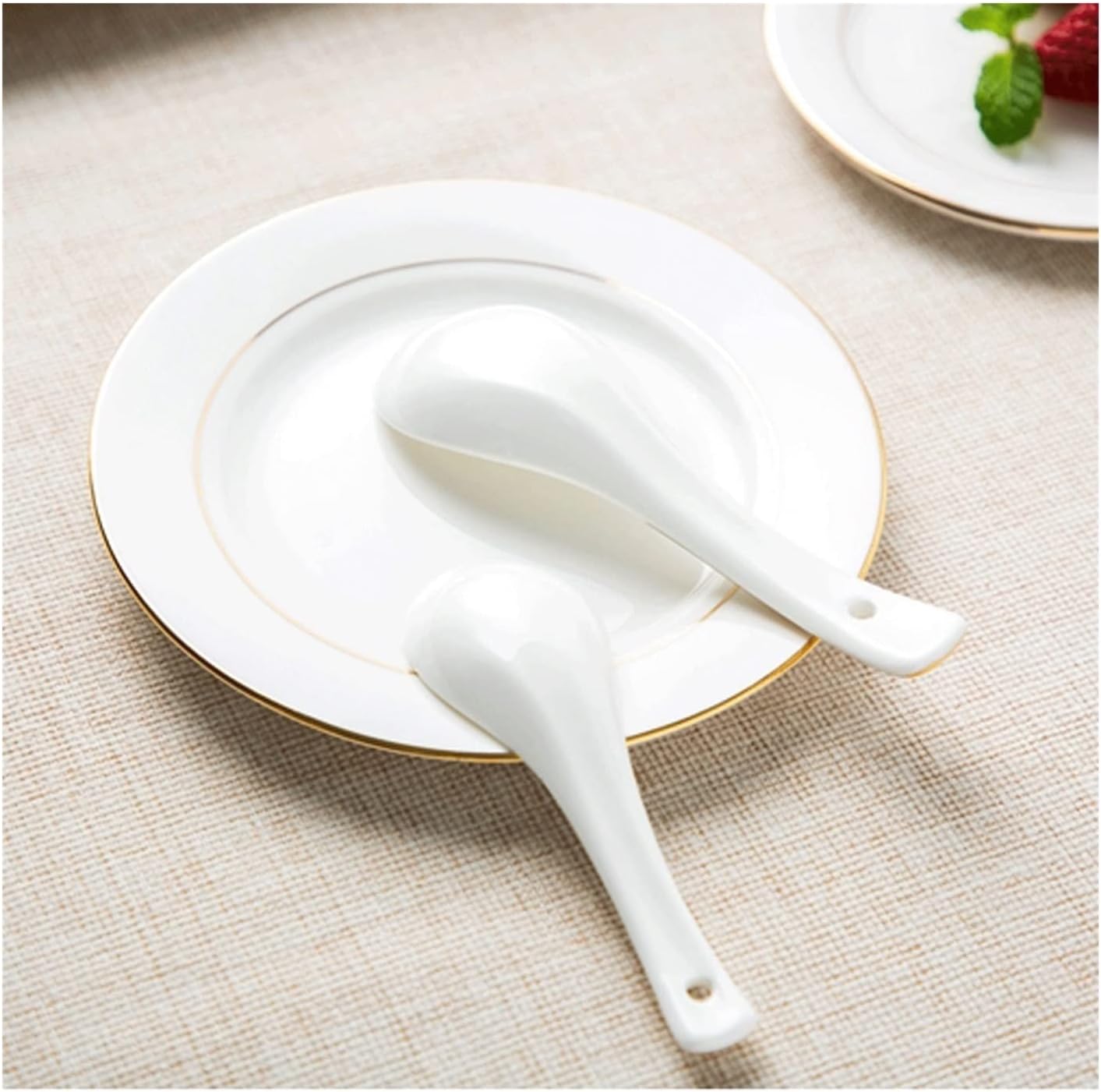 Spoon Table Spoons 10 Pack Ceramic Soup Spoon Rice Spoon Restaurant Spoon White Gold Edge Spoon for Home, Kitchen Or Restaurant (C)