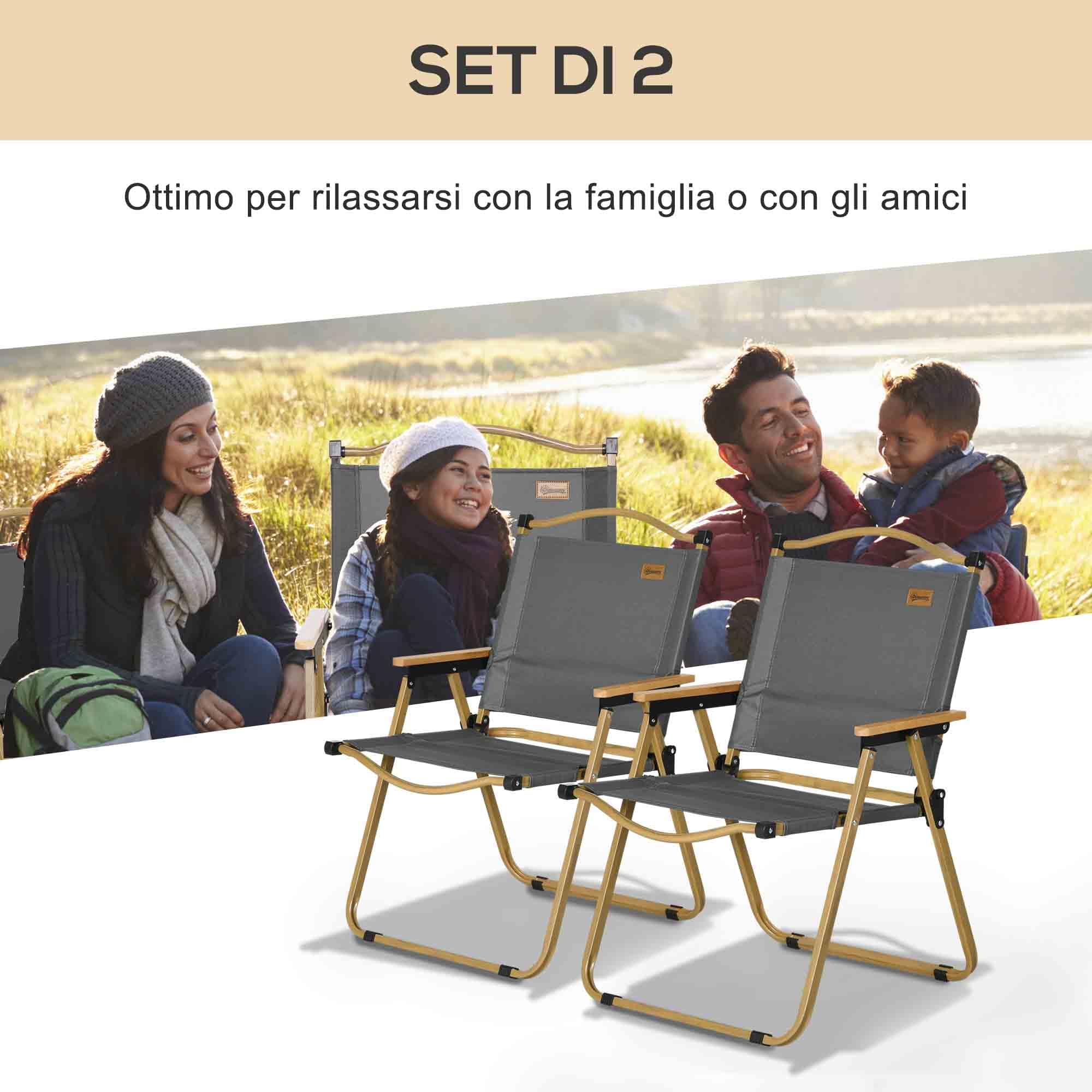 Outsunny Set 2 Sedie da Campeggio e Spiaggia Pieghevoli con Braccioli, Coppia di Sedia da Pesca in Tessuto Oxford e Acciaio, 54x59x78 cm, Grigio Scuro