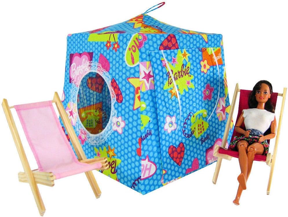 Toy Play Doll Tent, 2 Sleeping Bags, Light Blue with Sparkling Barbie Print Fabric for Dolls, Stuffed Animals