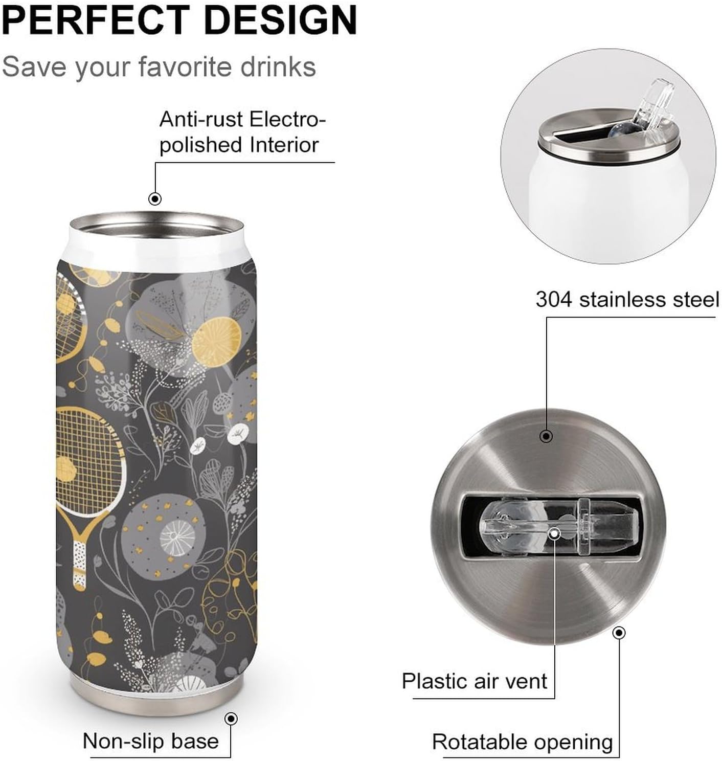Stainless Steel Cups Racquets And Tennis Balls Printed Coke Cup Stainless Steel Insulated Cups with Lid And Straw