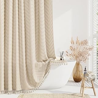 Dynamene Stall Fabric Shower Curtain, 54x78 Inch Boho Tufted Chevron Striped Shower Curtains for Bathroom, Minimalist Heavy Duty Cloth Shower Curtain Set with 10 Hooks, Machine Washable, Beige