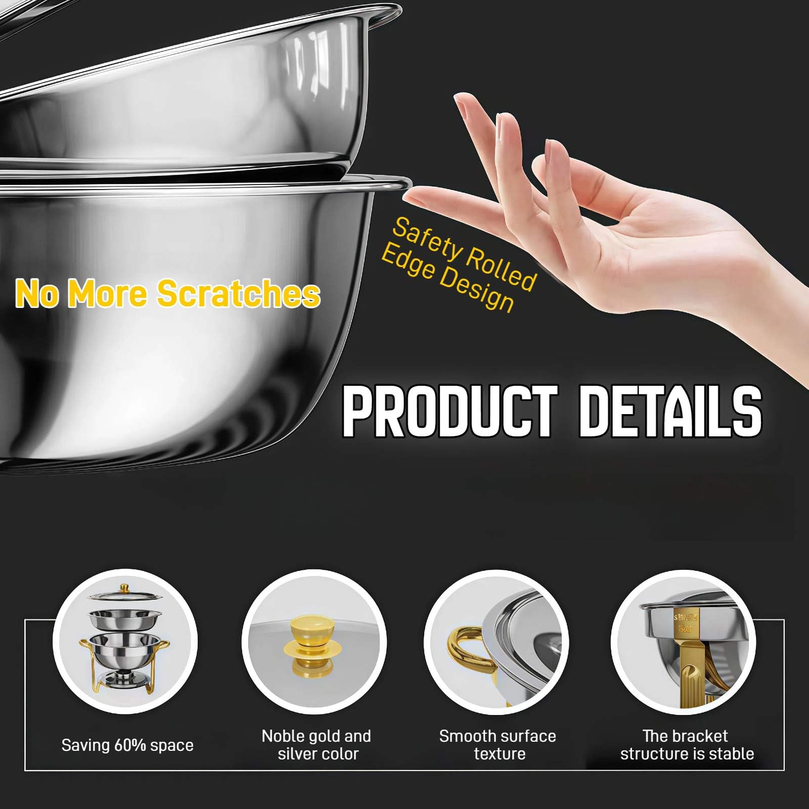 Set Chafing Dish Rotondi 4,5L, Scaldavivande Bagnomaria Acciaio Inox, Contenitore Scaldavivande per Buffet, Chafing Dish per Zuppe, per Ristoranti Catering Feste Matrimoni