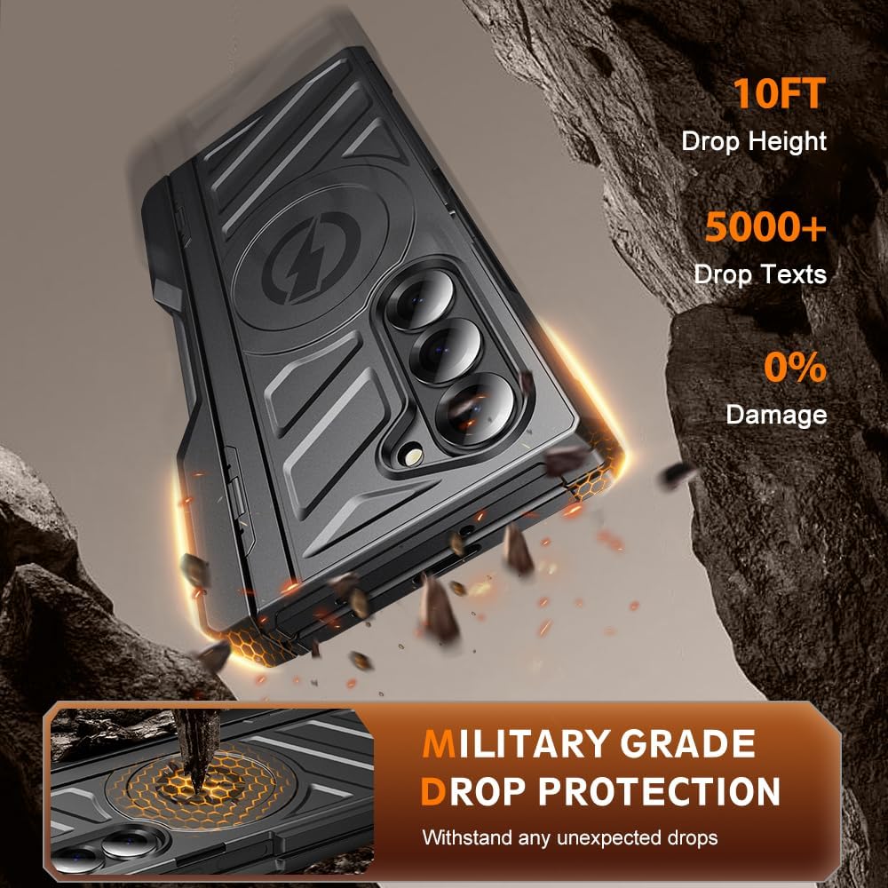 Armor Magnetic Case for Samsung Galaxy Z Fold 6 with S Pen Holder, Fit for Magsafe, [Built-in Kickstand, Privacy Screen Protector, Hinge Protection] Shockproof Heavy Duty ZFold 6 Phone Cover, Black - Image 6