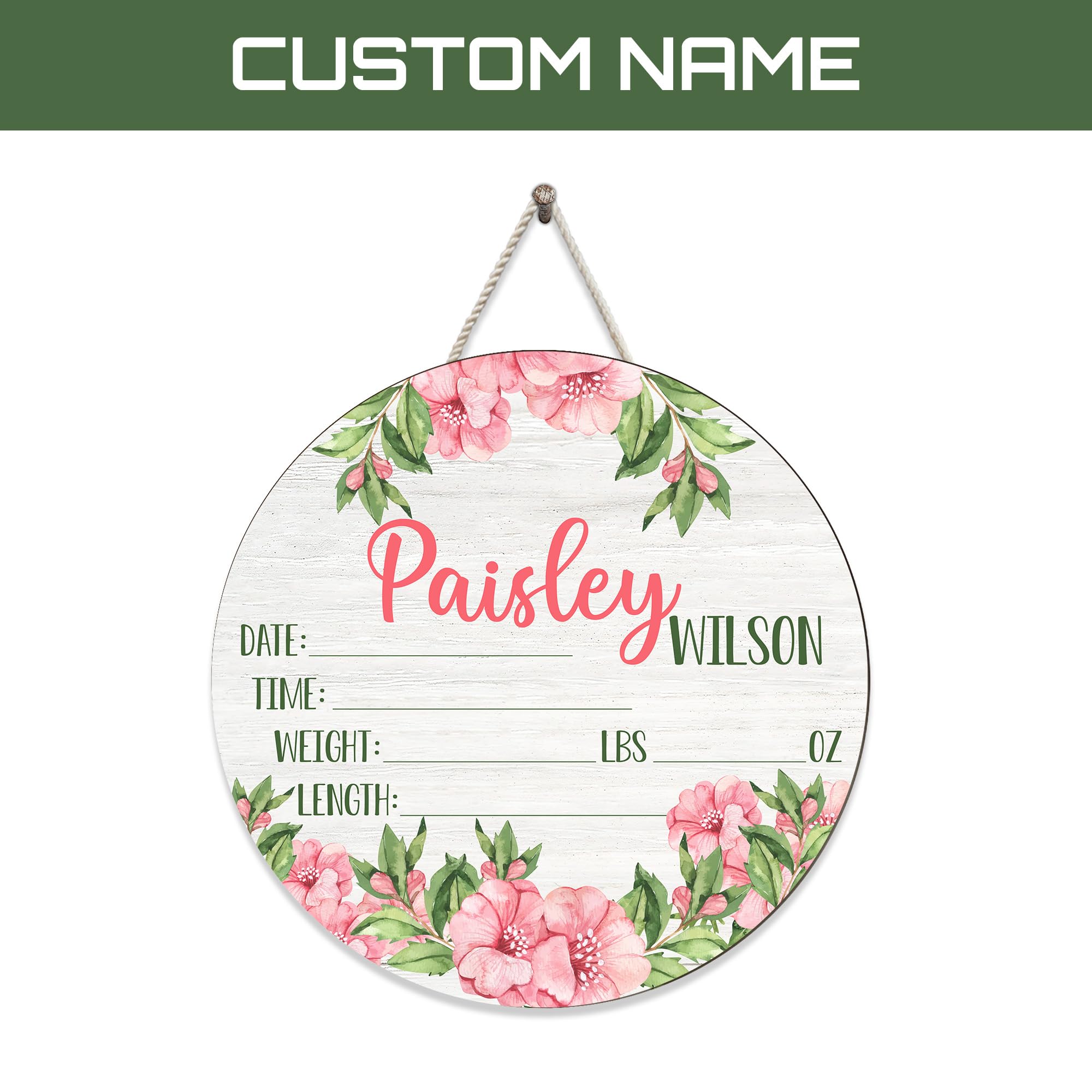 Mondily Personalized Baby Name Signs, Baby Birth Announcement Sign for Hospital, Floral Baby Name Signs for Nursery Decor, Wood Birth Stat Sign for Daughter Photography Prop Baby Shower Gifts 01