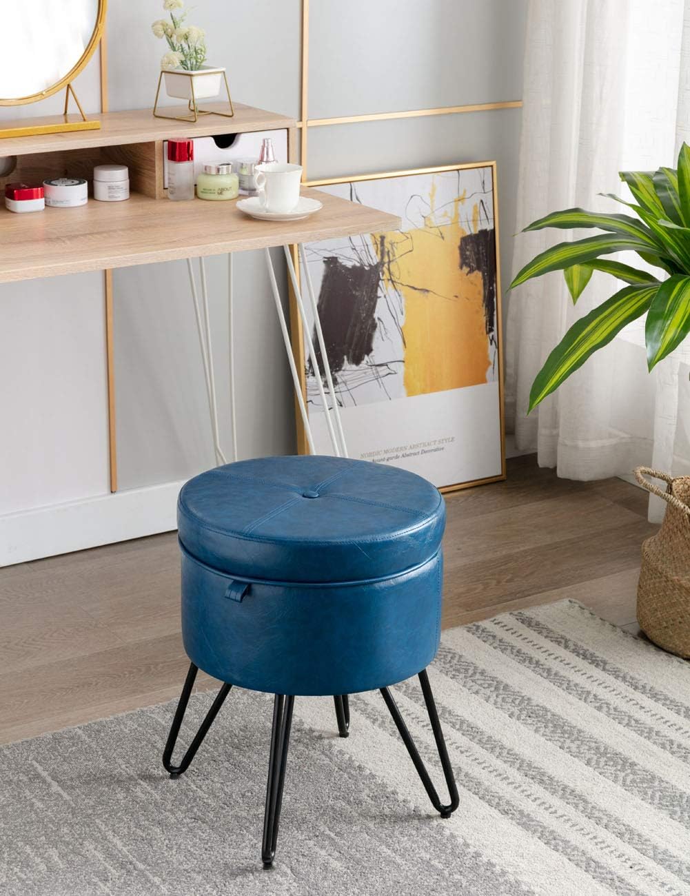CoVibrant Vanity Stool with Tray Modern Round Storage Ottoman for Bedroom Makeup Desk Living Room (Dark Blue Leather)