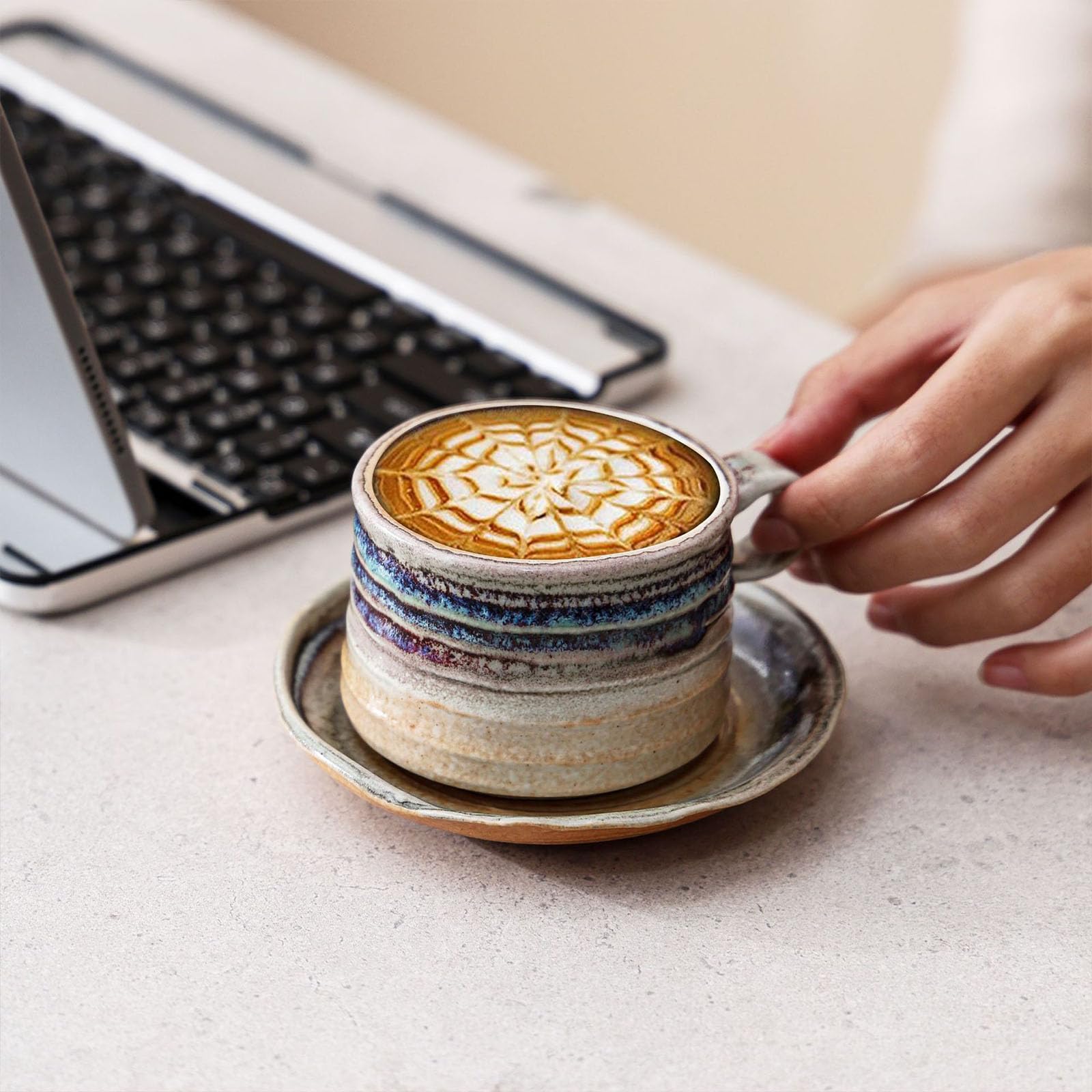 Tazas de café expreso de cerámica de 165ml con Mango de Madera, Tazas esmaltadas Retro Hechas a Mano con platillo, Ideales para té y café en casa y Oficina