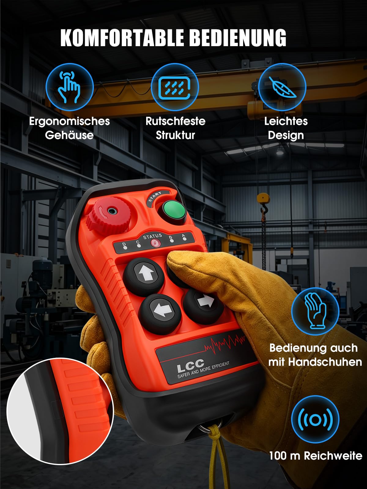 Kran Funk Fernbedienung 4 Tasten 12-24V Industrie Funksteuerung für Elektrokettenzug Brückenkran Laufkran Drahtlos 433/480MHz IP65 Not-Aus Einhand Sender 100m Reichweite für Hebezeug & Winde