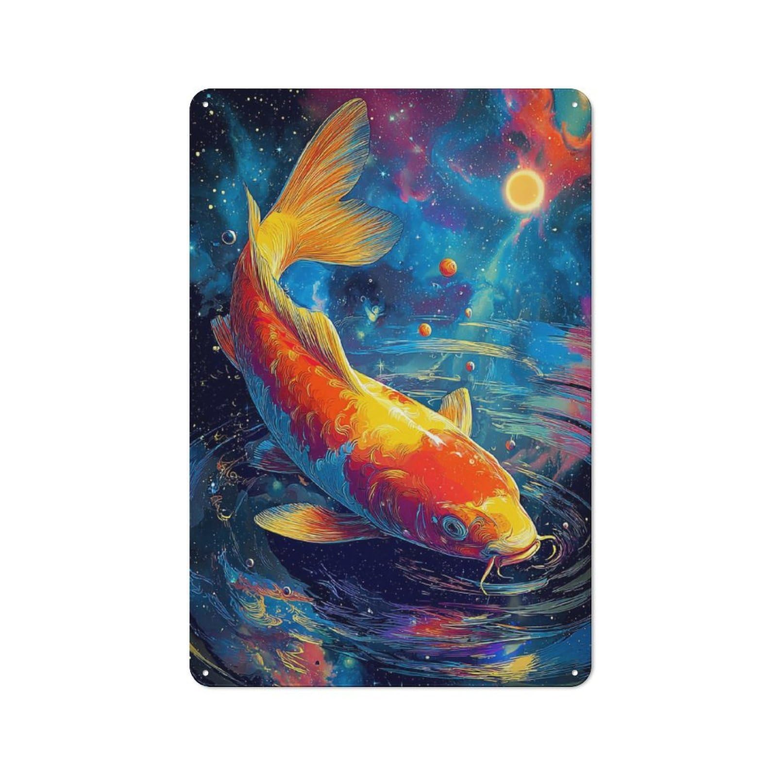 Junmoney Koi Fish In Cosmic Pond Metal Wall Sign 30X20cm Featuring For Pub Or Café, For Pub Decor Enthusiasts, For Retro Home Interiors
