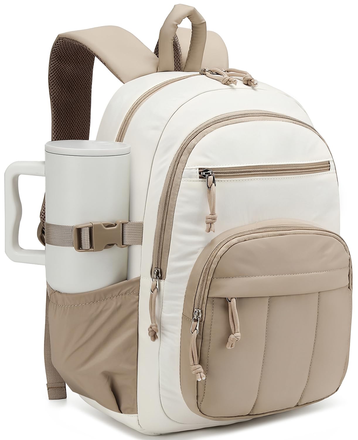 Backpack for Women, Quilted Laptop Bookbag with Pouch Pockets for College Work Travel Gym Teacher Nurses, Puffer High School Backpack for Girls, Khaki Beige