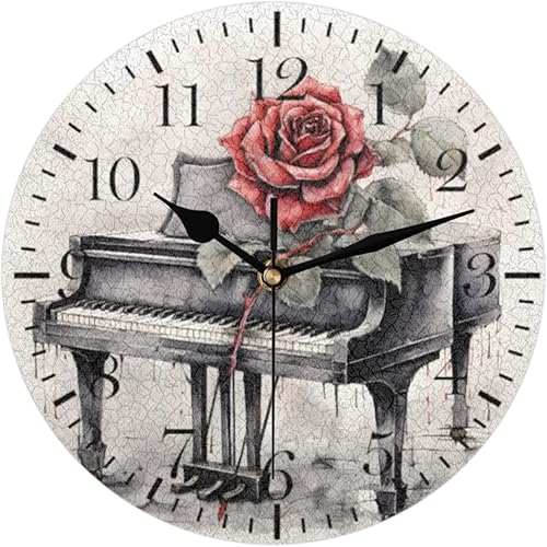 Reloj de pared de piano vintage, silencioso sin tictac, música de rosas, reloj analógico, funciona con pilas, decorativo para sala de estar,