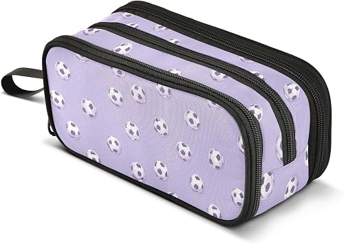 Light Purple Large Capacity Pencil Pouch Soccer Ball 3 Compartment Zipper Pencil Case, Pen Bag for School Teen Men Women