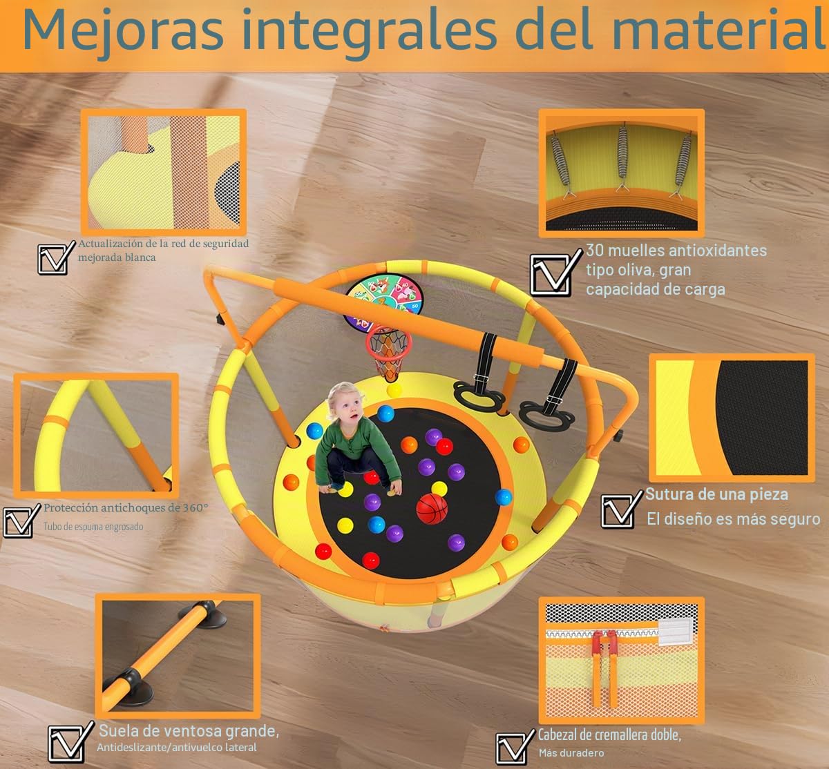 CZCPAPY Trampolín para Niños, Trampolín para Niños al Aire Libre, Uso Interior y Exterior, con Red de Seguridad, Cesta, Postes, Columpios, Regalo para Niños (amarillo naranja)