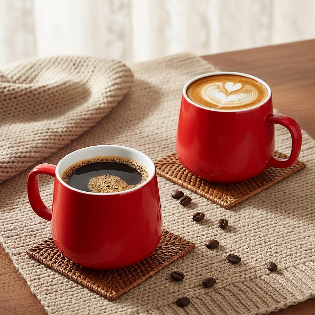 Teocera Coffee Mugs Set of 6-12oz Chip-Resistant Ceramic Cups with Ergonomic Handle | Dishwasher & Microwave Safe Red Mugs | Keeps Beverage Hot, Perfect for Family Kitchen & Holiday Gifts