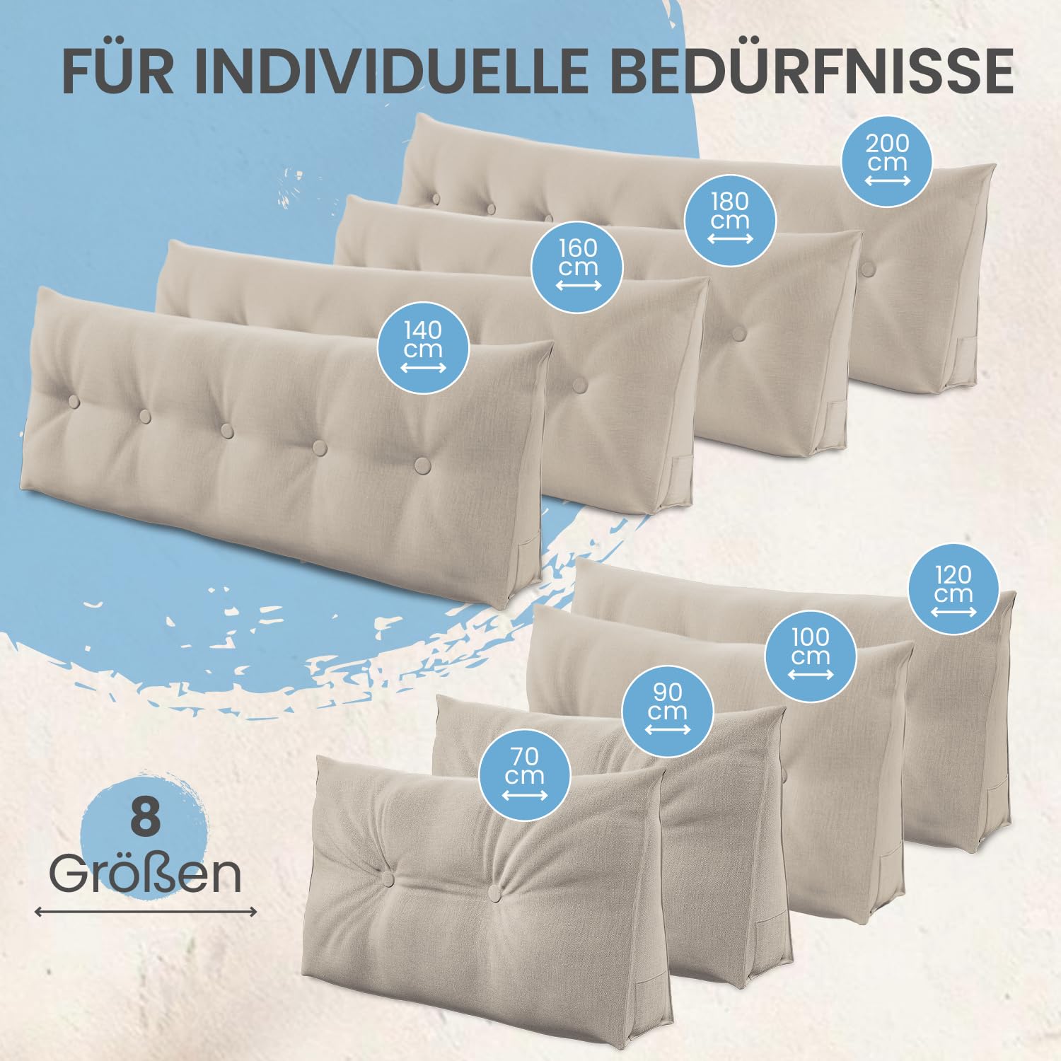 ELONEO Rückenkissen 70 cm breit, Keilkissen für Bett und Sofa, dreieckiges Lesekissen mit abnehmbarem Bezug
