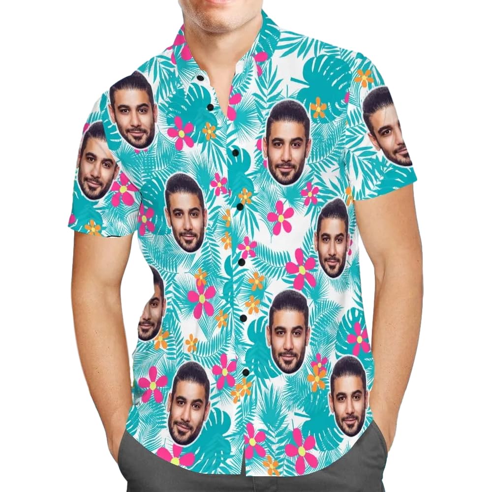 Smile lab Personalised Hawaiian Shirts with Face for Men Funny Customised Pet Dog Cat Photo Tropical Floral Hawaiian Shirts Short Sleeve
