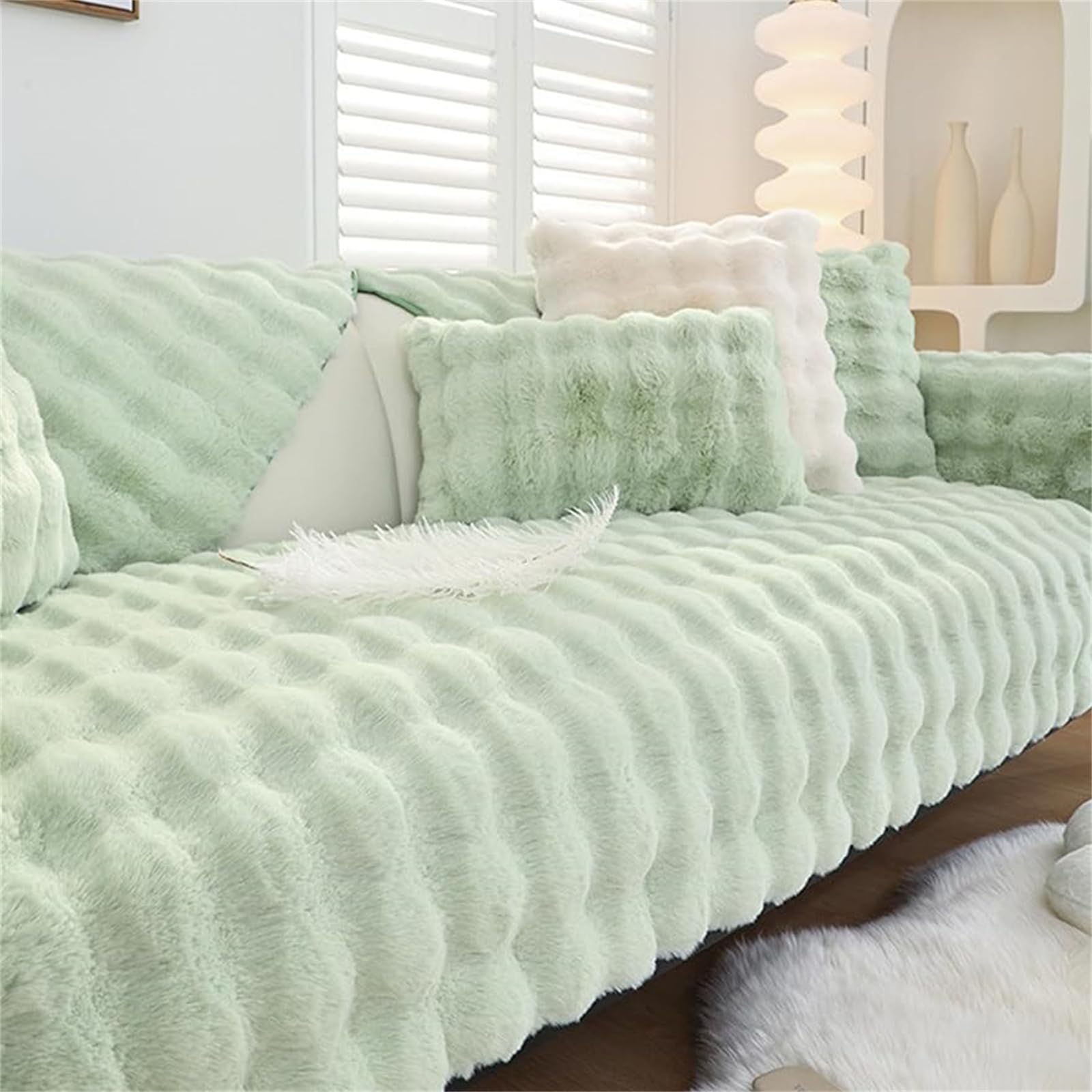 Rabbit Plush Sofa Cover 1 2 3 Seater, Sofa Slipcover Corner L Shape Thick Warm Couch Protector Anti-slip Caravan Seat Cushion Covers for Kids, Pets (Mint,W 90cm×L 160cm)