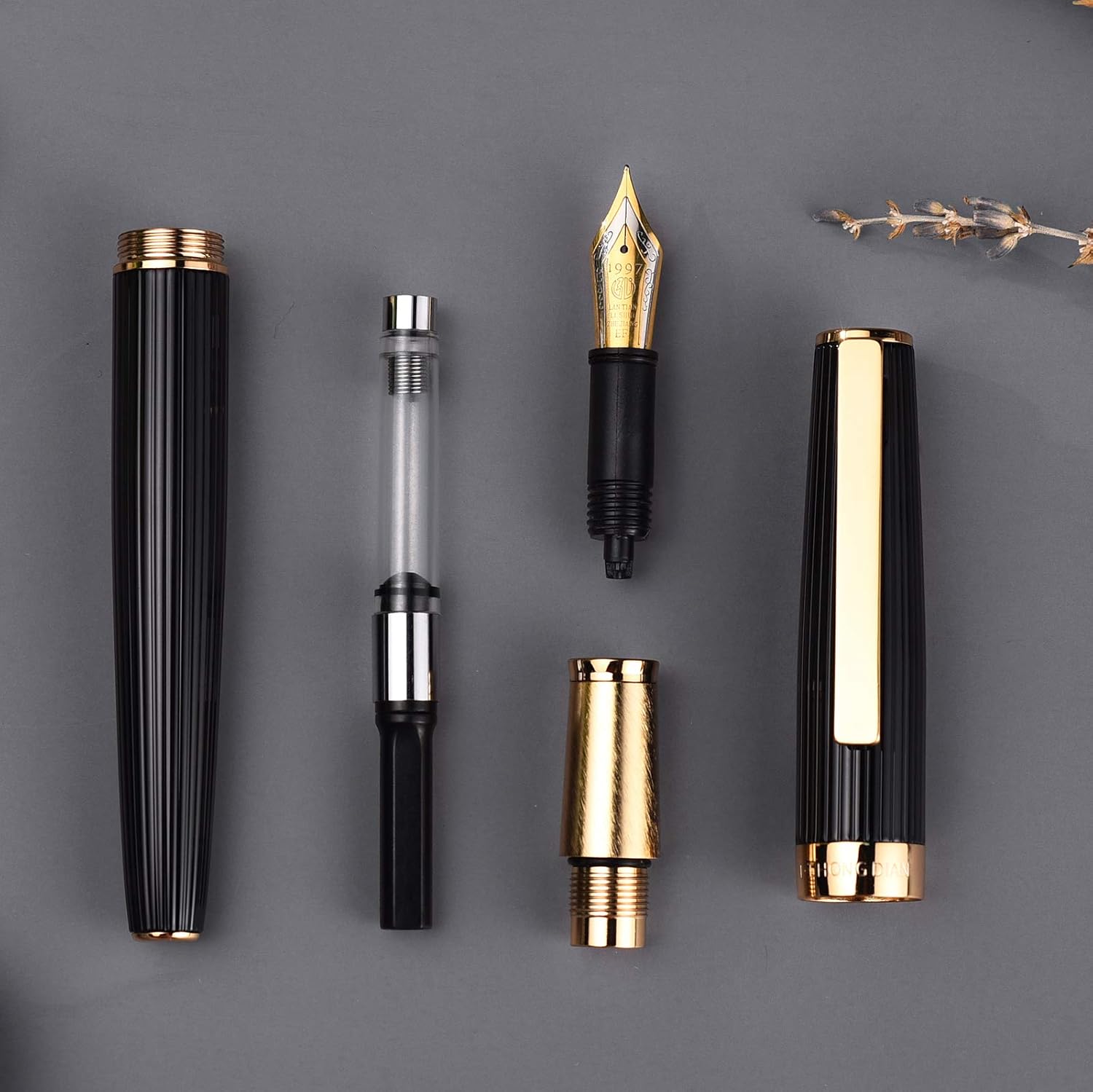 Hongdian 1845 Fountain Pen Fine Point, Black Stripe Gold Trim Solid Writing Instrument with Pen Case