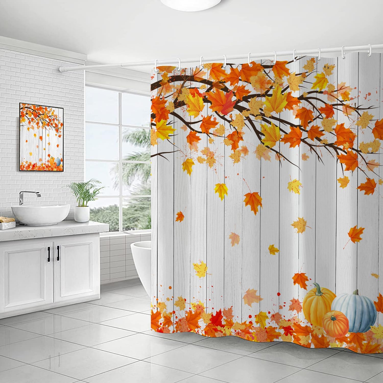 Metawu Fall Shower Curtain Autumn Farmhouse Bathroom Curtains Fall Leaves Pumpkin Waterproof Shower Curtain Sets 72"×72" with 12 Hooks Bathtubs Accessories