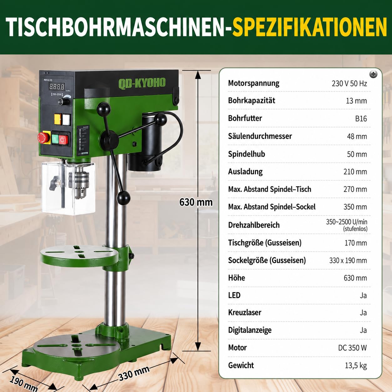 Präzisions-Tischbohrmaschine RB14-VS, 350W DC-Motor, 350–2500 U/min, 1,5–13 mm Bohrfutter, Digitalanzeige, Laser & LED, Tiefenanschlag für Holz Metall Kunststoff, Säulenbohrmaschine