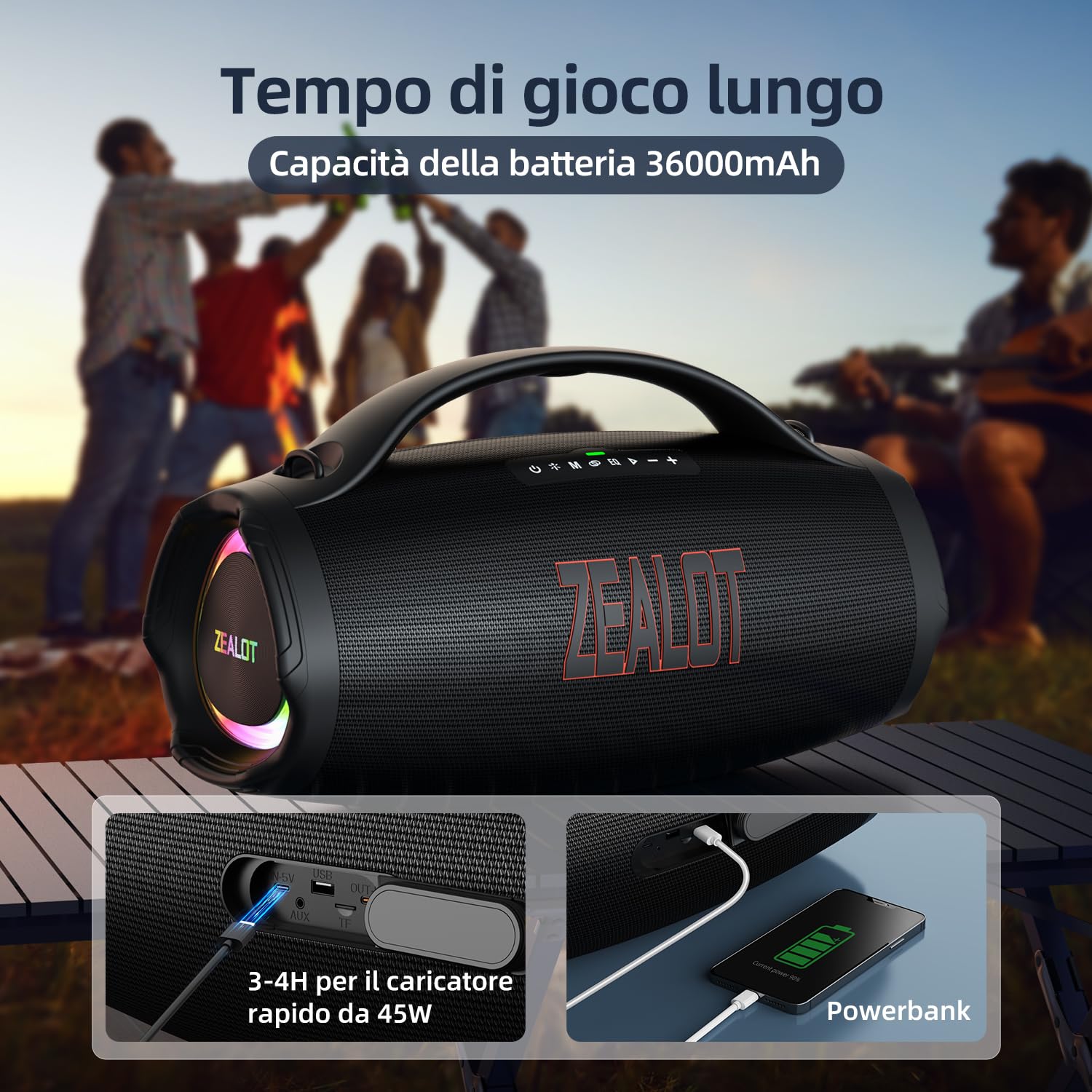 ZEALOT Cassa Bluetooth Portatile,200W Peak/160W RMS Wireless,Altoparlante Bluetooth con Bassi,36000 mAH,EQ/IPX6 Impermeabile/Ricarica Rapida,per Feste,All'aperto,Campeggio