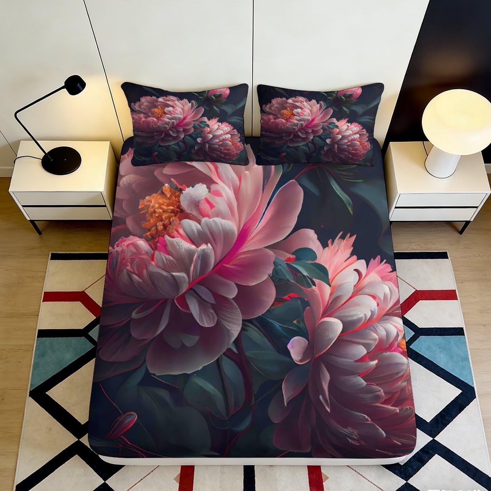 3D Printed Peony Floral Fitted Sheet Microfiber Bedroom Decor for Adults Teens Artistic Blossom Mattress Cover 90x200x25cm